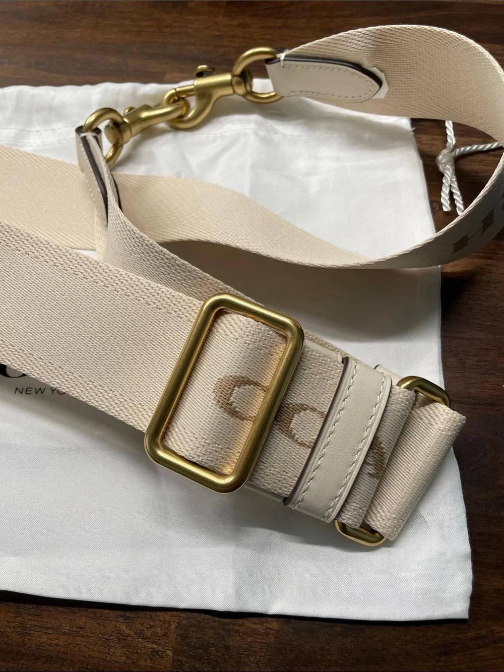 COACH Beige Canvas Logo Strap with Gold Hardware